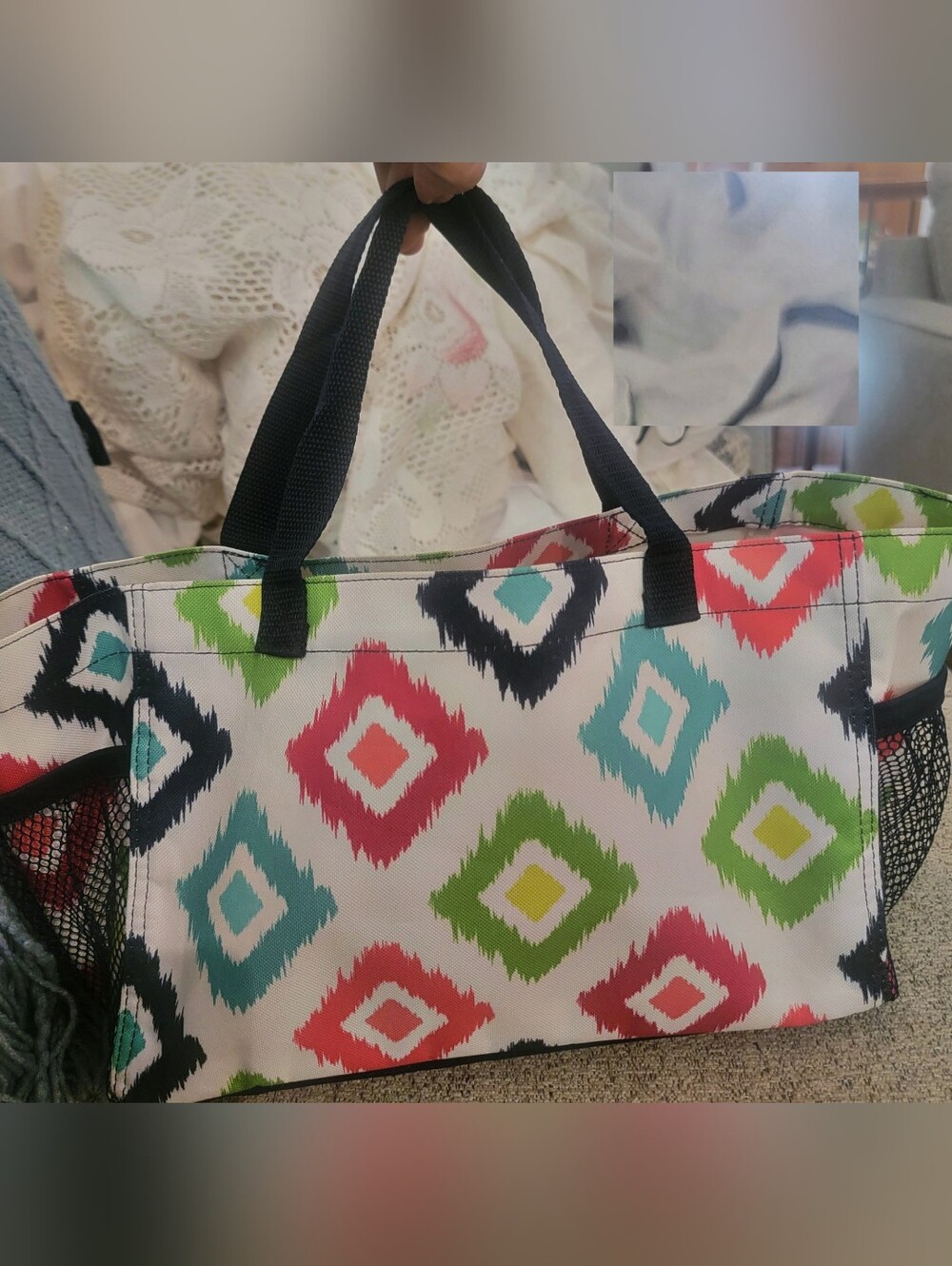 Thirty One Gifts Ikat Multi Color Tote Bag With Mesh Side Pockets